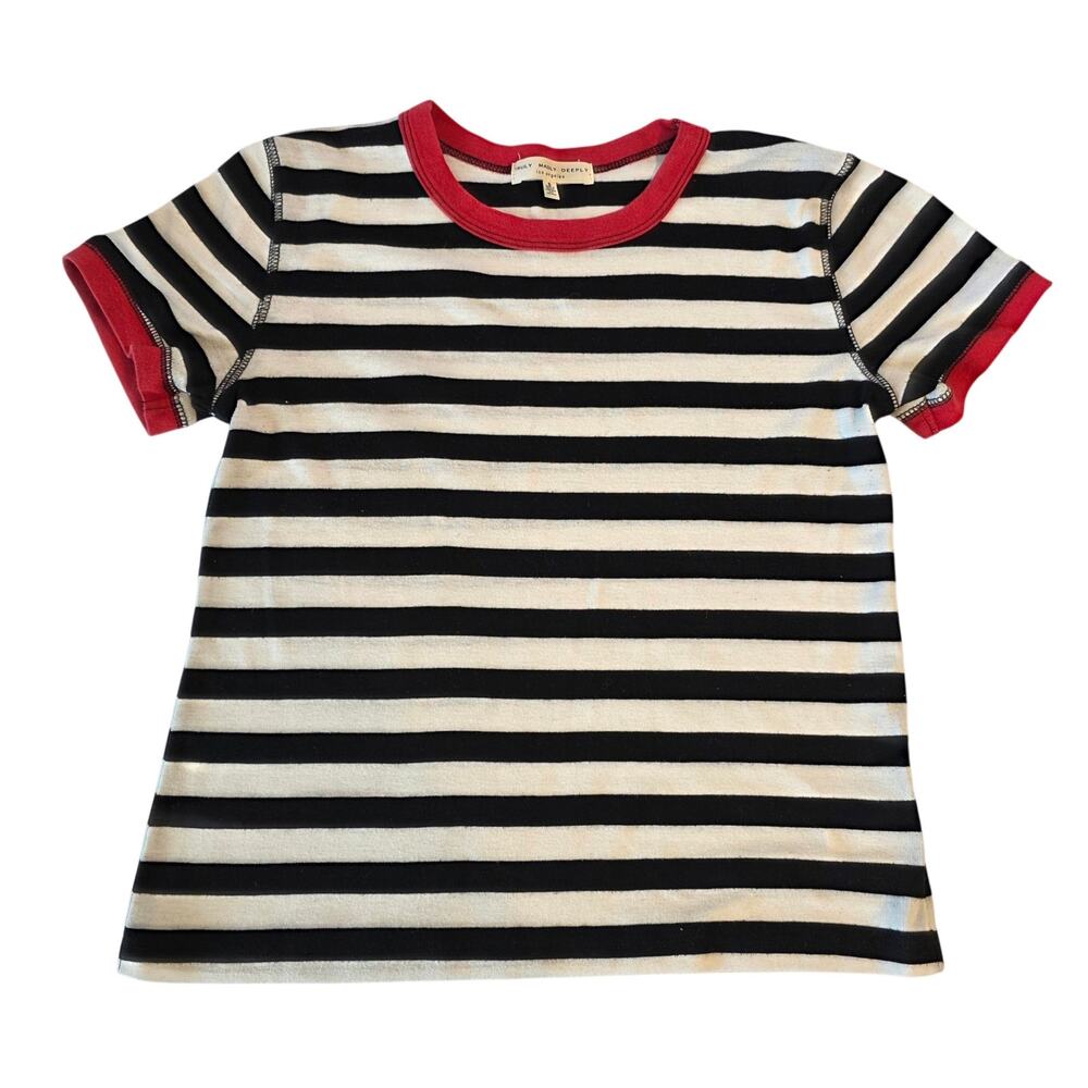 Truly Madly Deeply Striped Ringer T-Shirt Black White Red Small